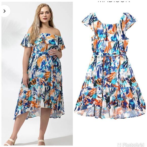 NWT 89th + Madison Tropical Print Off The Shoulder Dress Sz-3X - Picture 1 of 10